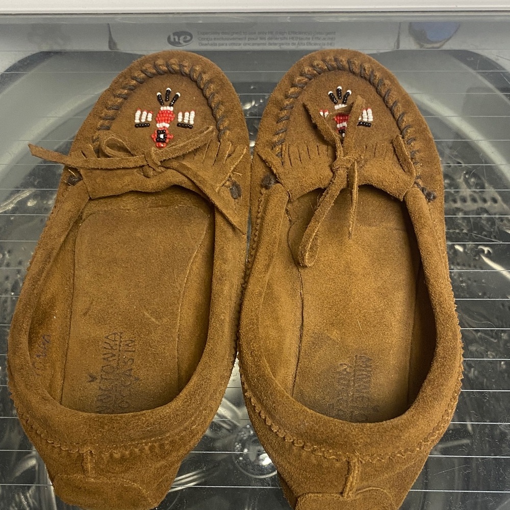Minnetonka Tan Suede Beaded Loafers